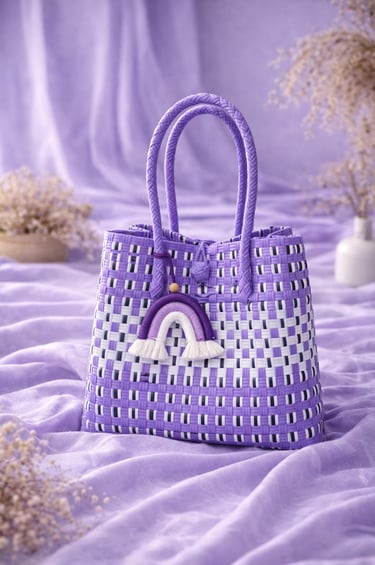 Handmade recycled plastic woven tote bag lavender purple combination sustainable women handbag Craftvitas Indonesia