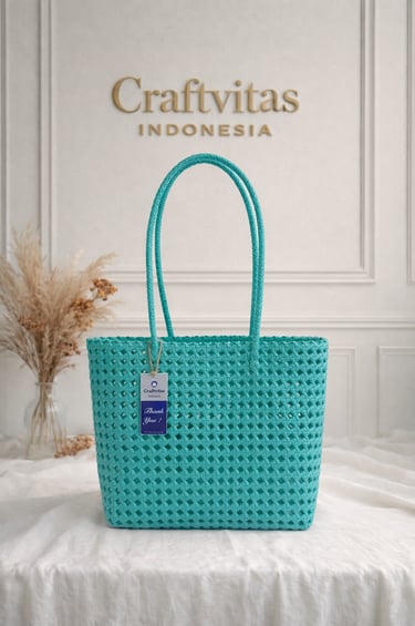 Turquoise handmade woven plastic tote bag Sekar series, eco friendly recycled artisan handbag