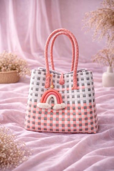 Handmade recycled plastic woven bag grey pink combination eco friendly tote handbag by Craftvitas Indonesia