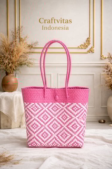 Pink and white handwoven plastic tote bag with diamond batik pattern, Indonesian handmade bag
