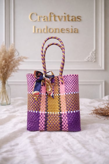 Ethnic rainbow handwoven plastic tote bag brown red color handmade by Craftvitas Indonesia