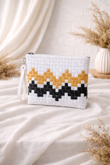 White black yellow patterned woven plastic clutch bag handmade eco craft