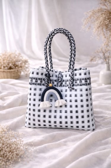 Handmade recycled plastic woven tote bag black white modern pattern eco friendly women bag Craftvitas Indonesia
