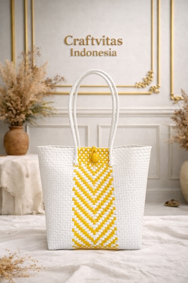 White and gold handwoven plastic tote bag with chevron batik pattern, handmade Indonesian bag