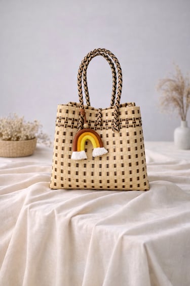 Handmade recycled plastic woven bag natural cream combination sustainable eco friendly tote Craftvitas Indonesia