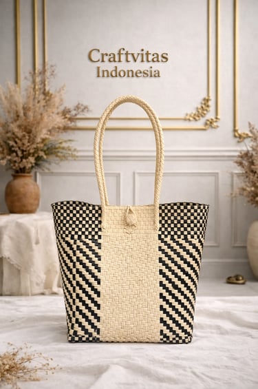 Cream and black handwoven plastic tote bag with diagonal batik pattern, Indonesian handmade woven bag
