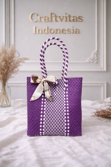 Rainbow purple white handwoven plastic tote bag handmade recycled Craftvitas Indonesia