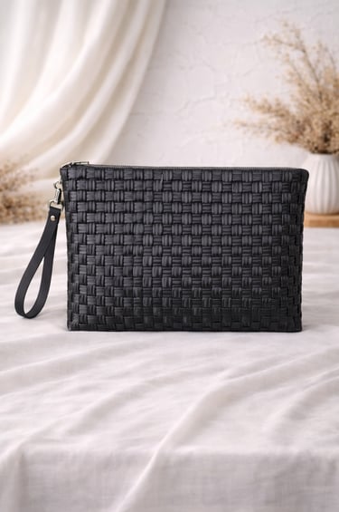 Solid black woven plastic clutch bag handmade minimalist style