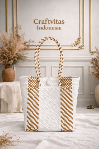 White and brown handwoven plastic tote bag with diagonal batik pattern, handmade in Indonesia
