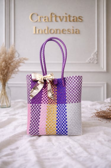 Rainbow multicolor panel woven plastic bag purple tone handmade Craftvitas Indonesia