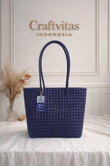 Navy blue handmade woven plastic tote bag Sekar series, eco friendly woven handbag