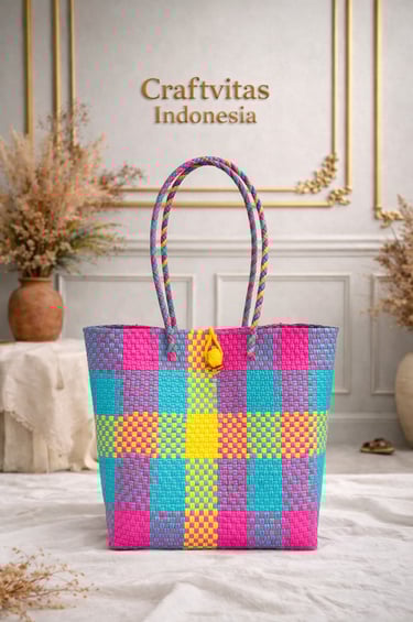 Multicolor handwoven plastic tote bag with checkered batik pattern, Indonesian handmade woven bag