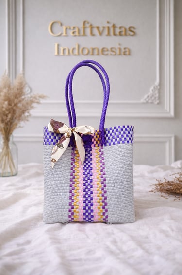Rainbow grey purple yellow woven plastic tote bag handmade recycled Craftvitas Indonesia