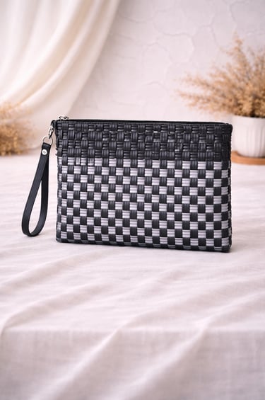 Black and grey checkered woven plastic clutch bag handmade in Indonesia