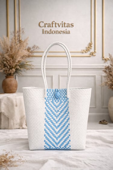 White and blue handwoven plastic tote bag with chevron batik pattern, handmade Indonesian tote bag