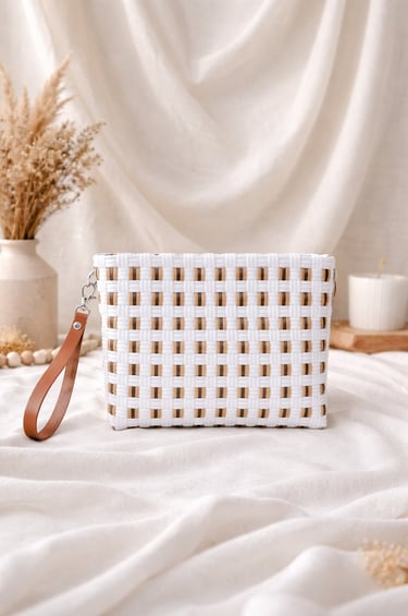 White and gold natural tone woven plastic clutch bag handmade eco craft