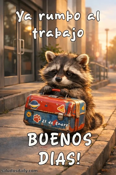 mapache simpático caminando con una lonchera en la mano, expresión tranquila y lista para empezar el