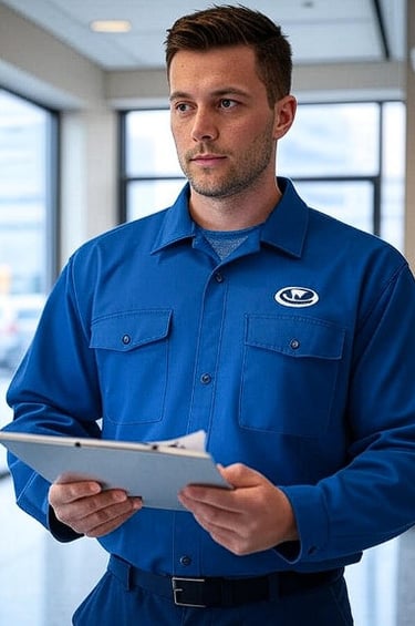 Professional male service technician in a blue uniform holding a digital tablet in an office hallway.