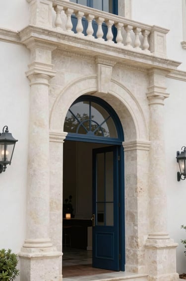 Architectural detail of a luxury wedding venue entrance in a historic Hispanic estate, limestone textures, soft natural lighting, minimalist and exclusive atmosphere, off-white and dark blue accents.