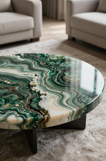 A high-end, finished resin coffee table with wave patterns in deep forest green and soft parchment white, displayed in a sunlit International / Global living room. Sophisticated and minimalist interior design photography.