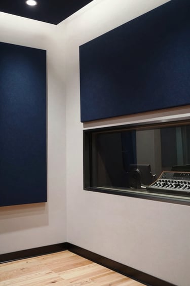 Atmospheric photography of a modern, sleek recording studio in a North American / US city. The room features ghost white architectural lines and deep navy acoustic panels. Soft lighting creates a sense of vulnerability and creative depth, reflecting the sophisticated world of a recording artist.