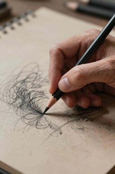 A detailed photography close-up of an artist's hand holding a charcoal pencil over a textured sketchpad. Focus on the delicate creative process. International / Western art studio setting. Professional and artistic journey. Colors include Charcoal and Grey-Brown.
