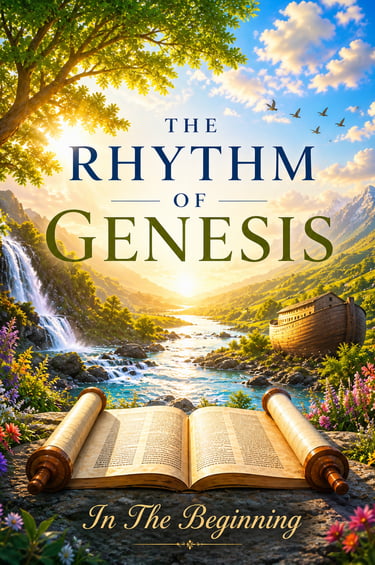 Devotional image for The Rhythm of Genesis with a sunrise valley, waterfall, scroll, and ark”