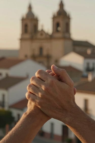A close-up, cinematic photograph of two hands intertwined, bathed in the soft glow of the golden hour in a historic Iberian village. The image emphasizes texture and emotion, with a shallow depth of field and a warm, sand-colored palette that evokes a sense of timeless storytelling.