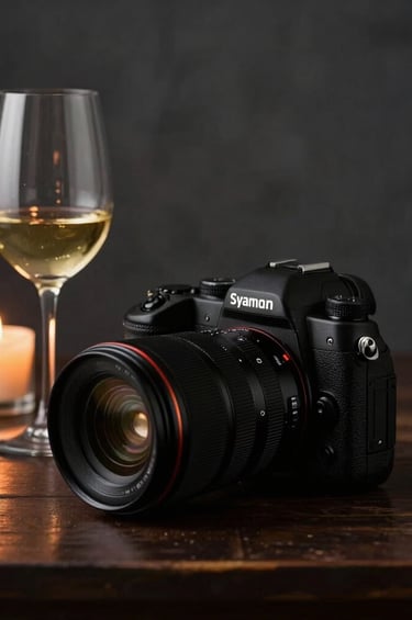 An artistic composition of a professional camera resting on a dark wood table next to a glass of Spanish wine. The scene is lit with soft candlelight, creating a warm muted gold glow against a deep black and dark gray setting. Sophisticated and premium still life.