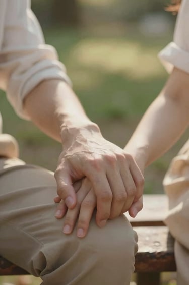 A close-up, artistic shot of a couple's hands gently intertwined while sitting on a rustic bench. The background is a soft-focus blur of a sun-lit garden. The atmosphere is quiet, intimate, and authentic. Warm sunlight glows against the skin, incorporating Soft Sand #F8F0E3 and Burnt Sienna #8C4E40 tones.