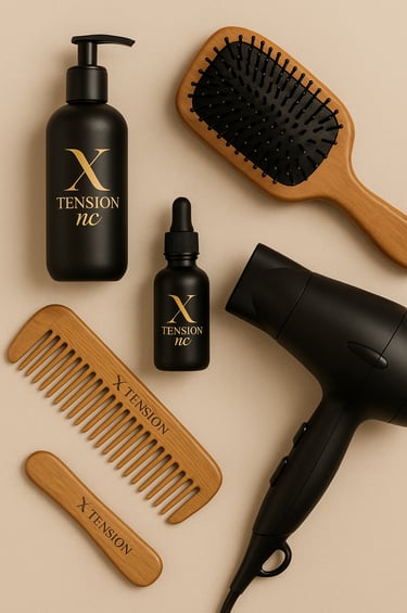 Disposition soignée de produits capillaires professionnels signés X Tension NC, incluant brosses, pe