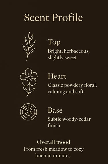 Scent chart with powdery lavender top, chamomile heart, sandalwood base, 2-3h skin wear