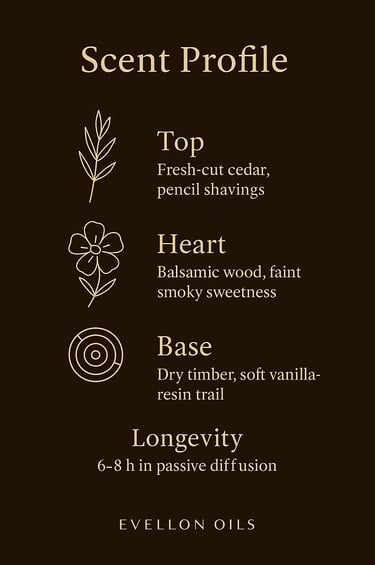 Scent chart with cedar top, balsamic wood heart, timber base, 6-8h passive diffusion