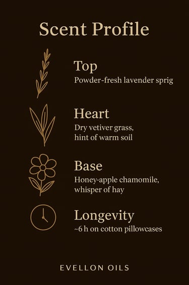 Scent chart showing lavender top, vetiver heart, chamomile base, 6h longevity on pillow fabric