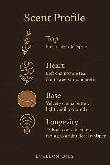 Scent chart with lavender top, chamomile heart, cocoa butter base, 3h skin longevity before fade