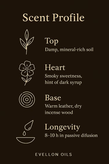 Scent chart with damp soil top, smoky heart, leather base, 8-10h passive diffusion time