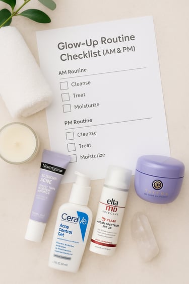Glow-Up Routine Checklist for AM and PM steps surrounded by Neutrogena, CeraVe Acne Control Gel, Elt