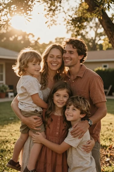 A large, cinematic portrait of a happy family embracing in a sun-drenched North American / US backyard during golden hour. Warm terracotta sunlight glows through the trees, creating soft sand-colored flares and authentic, joyful expressions.