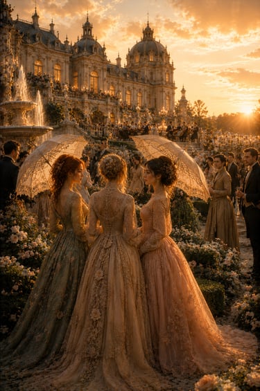 three elegant women with parasols at a garden party with a castle behind them at sunset