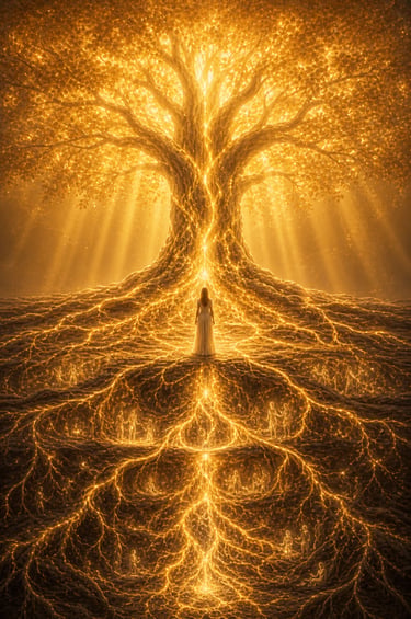 Woman standing in front of a large tree of life with roots exchanging life and light with the leaves and touching her