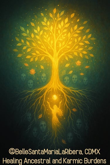 Abstract tree of light with shadowy roots holding ancestral burdens and radiant branches blooming 