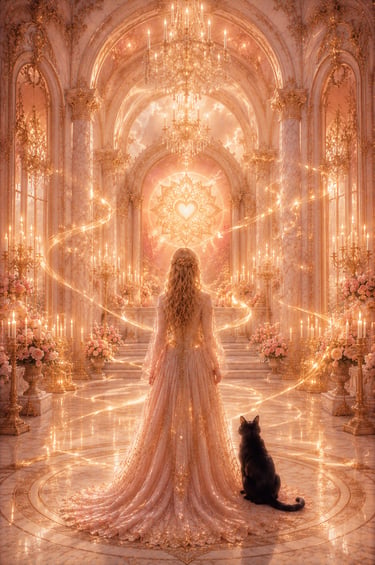 blonde woman in a majestic golden hall with rose undertones looking at a hart mural. black cat to her right. swirls of light