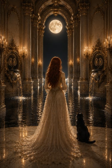 elegant red head inside a water temple looking at a full moon with a black cat to her right and kidney symbols on walls