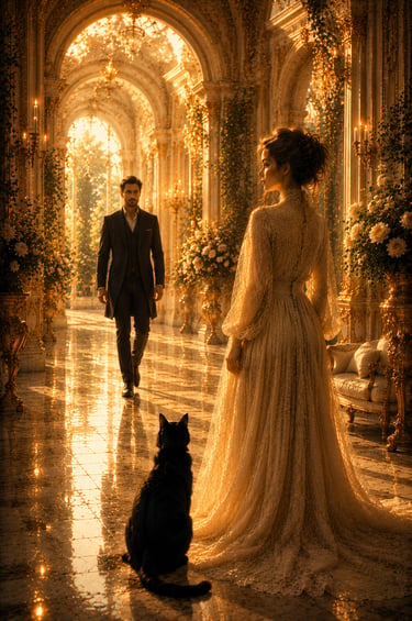 elegant man walking towards elegant woman in a golden hall with rose accents rococo furniture and black cat