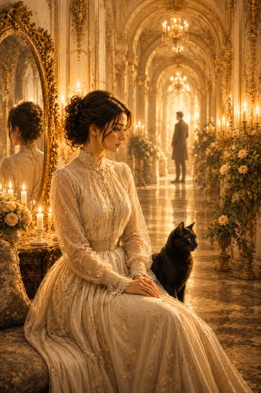 brunette woman sitting in a golden hall with golden chandeliers and a rococo mirror behind her and a black cat to her left