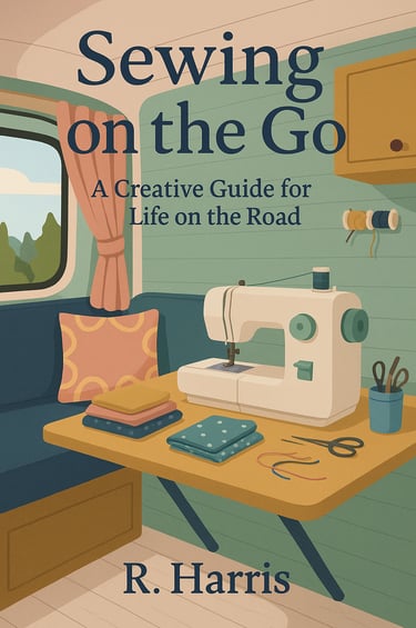 Cover of Sewing on the Go eBook featuring tips and tutorials for compact sewing in RVs, vans, and sm