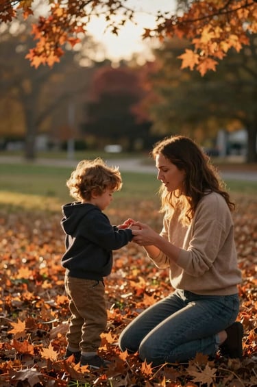 An authentic, candid photograph of a mother and child playing in a park at sunset in the North American / US. The scene is filled with warm sun-drenched light and rich terracotta-colored autumn leaves. The image has a cinematic quality, capturing a heartfelt, real-world interaction between the subjects.