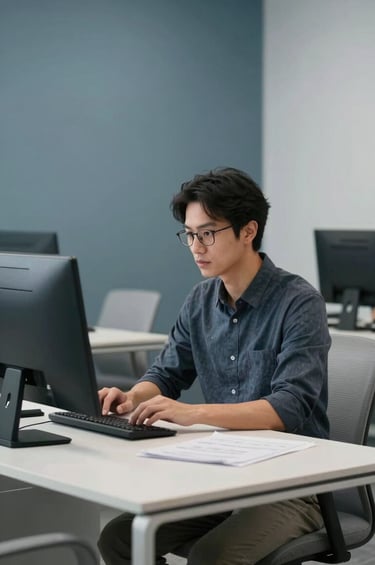 A professional graphic designer in a modern International / Western office setting, focused on a workstation. The environment is organized and clean, featuring Muted Slate Blue wall accents and Pale Grey furniture, emphasizing a mood of sophisticated creativity and precision.