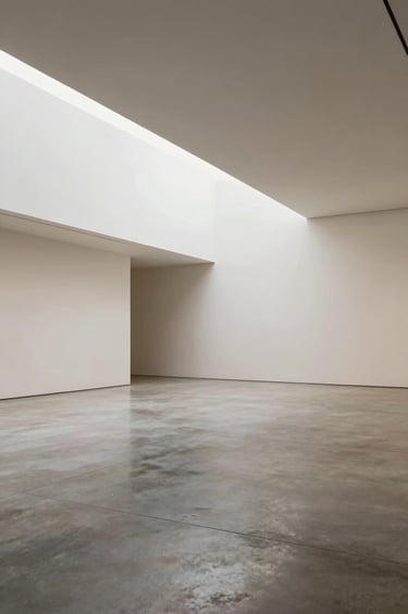 A wide-angle architectural shot of a modern gallery space, empty with polished concrete floors and off-white walls, clean geometric lines, serene and professional atmosphere. Global / Contemporary Art.