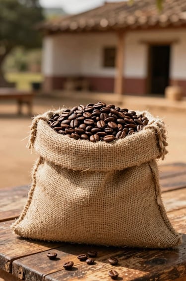 A rustic, high-quality photograph of a vintage burlap sack filled with roasted Dark Coffee Brown beans resting on a weathered wooden table. The background shows a soft-focus traditional South American / Latin hacienda courtyard under warm, Golden Tan sunlight.